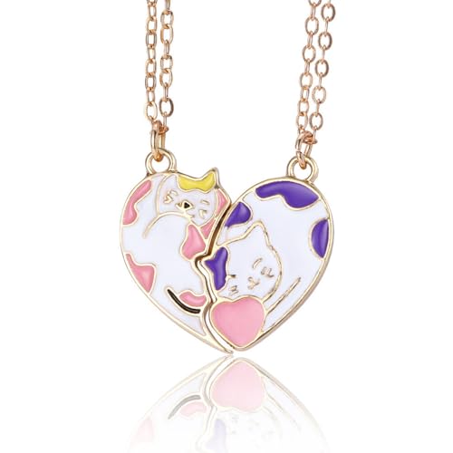 Saalort Best Friend Cat Necklace Colorful Enamel Matching Heart Pendant Friendship BFF Necklaces Sweet Birthday Gifts, Medium, Zinc, Cubic Zirconia