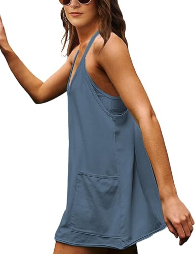 Image of Womens Athletic Sundress with Built-in Shorts Golf Tennis Romper | Sleeveless Mini Spaghetti Strap dress Functional side pockets tummy-friendly fit casual beach vacation