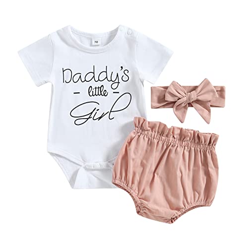 Image of Newborn Infant Baby Girl Outfit 3pcs Letter Print Western Clothes Sets Short Sleeve Tassel T-Shirts Shorts (Daddy's Little Girl, 6-12 Months)