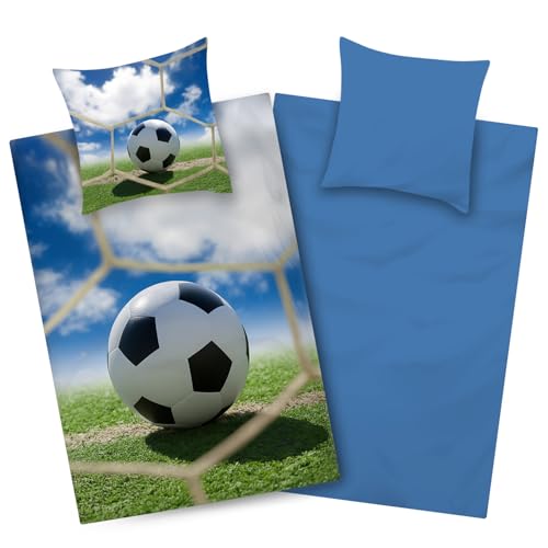Aminata kids Jungen Bettwäsche 135x200 Fußball - 100% Baumwolle mit Marken Reißverschluss - Bettwäsche-Set mit Fußball-Motiv | Wende-Teenager-Bettwäsche Blau