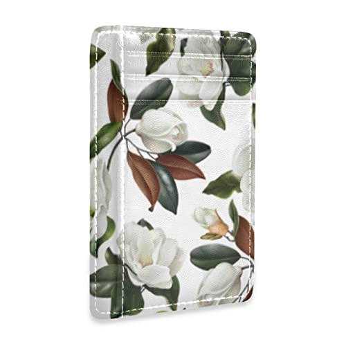susiyo White Magnolias Flowers Slim Minimalist Wallets Rfid Blocking Card Wallets PU Leather Front Pocket Wallets for Men Women