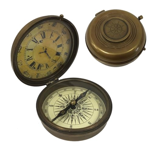 Brújula y reloj de latón antiguo 3 pulgadas miniatura 1