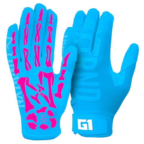 Nxtrnd Skeleton G1 Youth Football Gloves, Kids Sticky Receiver Gloves (Neon Blue Skeleton, Youth Medium)
