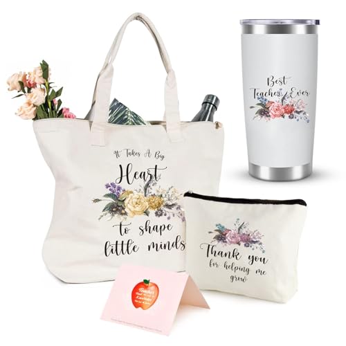 Vspek Teacher Tote Bag Teacher Appreciation Gifts Teacher Gifts for Women Thank You Teacher Present Tote Bag 20OZ Tumbler Cosmetic Bag Greeting Cards