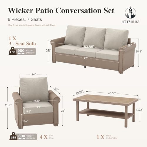 Image of HERA'S HOUSE Patio Furniture Set, 4 x Cushioned Chairs, 3-Seat Sofa with Wood Grain Coffee Table, 5 Seats Luxury Windsor Style All Weahter Outdoor Sofa Conversation Set for Deck Lawn Backyard