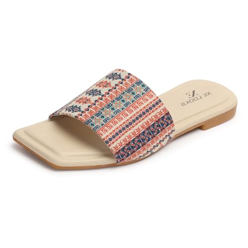 Image of XE Looks Women's Ethnic Slide Sandals | Soft Cushioned Flat Slippers | Comfortable Slip-On Slides for Women & Girls