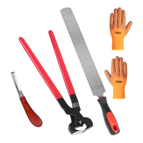 LALAGO Kit de Herramientas Profesionales para Recorte de Casco de Caballo de 4 Piezas, Cuchillo para Casco, Cortador de Casco, Raspador de Casco con Mango de Goma, Guantes