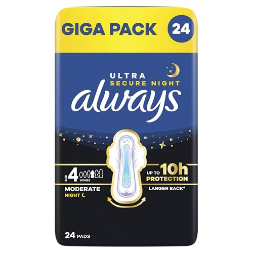 Always Ultra Sanitary Pads Women's Size 4, Secure Night (24 Sanitary Towels with Wings) Giga Pack, Thin and Super Absorbent, Odour-Neutralising and Leakage Protection
