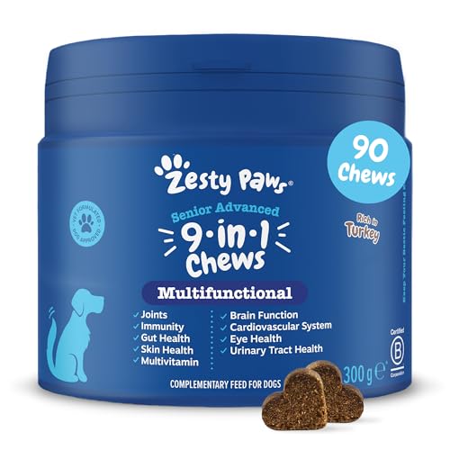 Zesty Paws Senior Multivitamina Avanzada 9 en 1 para Perros | Salud intestinal y de la Piel | Aumenta la inmunidad y el Rendimiento físico | Reduce el estrés | Vitamina B | 90 Piezas