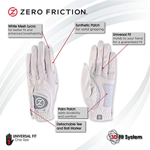 Zero Friction Ladies Compression-Fit Synthetic Golf Glove (2 Pack With Free Pack Of Tees), Universal Fit One Size, White/Black #TOP3
