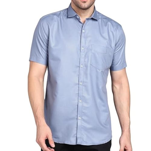 Image of MILDIN Men's Cotton Blend Solid Shirt with Spread Collared Half Sleeve Curved Hemline Button Closure Regular Fit and One Pocket | Half Sleeve Shirt for Men