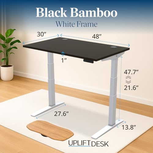 Image of UPLIFTDESK Black Bamboo (48 x 30 inch) Standing Desk 2-Leg V3 Adjustable Stand Up C-Frame (White), Advanced Keypad, Wire Grommets, Wire Tray, Rocker Board