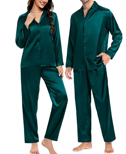 SWOMOG Couples Matching Pajamas Silk Satin Long Sleeve Button Down Sleepwear 2 Pcs Loungewear Mens & Womens Family PJs Set