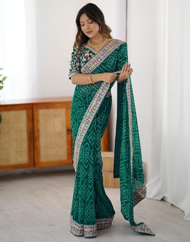 Image of SIRIL Women's Georgette Bandhani Printed Saree with Unstitched Blouse Piece