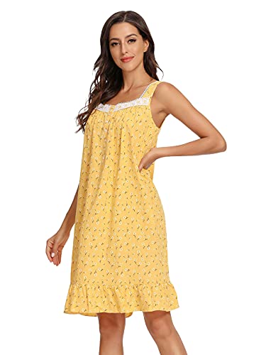 Izzy + Toby Cotton Nightgowns For Women Sleeveless Victorian Nightgown Lightweight Comfy Night Dress Sleepwear Cute Nighty Lounge Dress Nightshirt Print Yellow S #TOP2