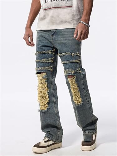 Men’S Retro Loose Straight Patchwork Denim Trousers Slim Fit Button Fly Distressed Stone Washed Full Length Jeans3