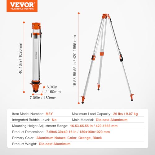 VEVOR Professional Baustativ, 5/8-11-Gewindehalterung, höhenverstellbar 420-1665 mm, robustes Vermessungs-Stativ für Laser & Nivelliergeräte, einziehbare Beine, rutschfeste Füße