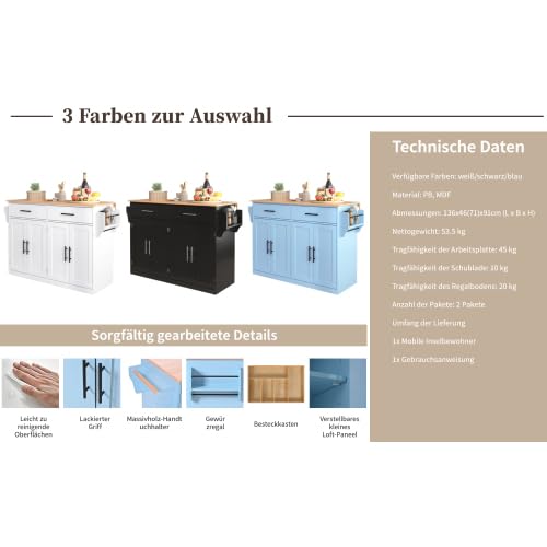 Generico Servierwagen mit klappbarer Tischplatte, 120x46(70) x91 cm, Blau, mit Rollen und austauschbaren Holzbeinen, ideal für Küche und Esszimmer