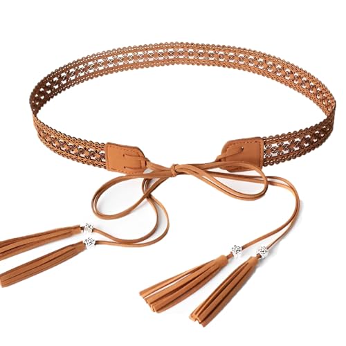 Women Waist Belt/Rope/Chain with Tassel and Beads Boho Wrap Skinny Belt for Skirt Dress Bohemian Style Belt tan