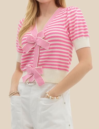 Image of InterNos Womens Bow Front Short Sleeves Sweater Classic Striped V Neck Cropped Knit Pullover Tops