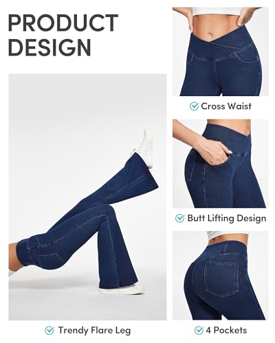 Iuga Bell Bottom Jeans For Women High Waisted Stretchy Flare Jeans Pull On Wide Leg Jeans V Cross Tummy Control Flare Pants Dark Blue 29 Inch thumb #2