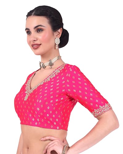 Image of Studio Shringaar Women's Brocade Embroidered V-Neck Readymade Elbow Length Sleeves Saree Blouse