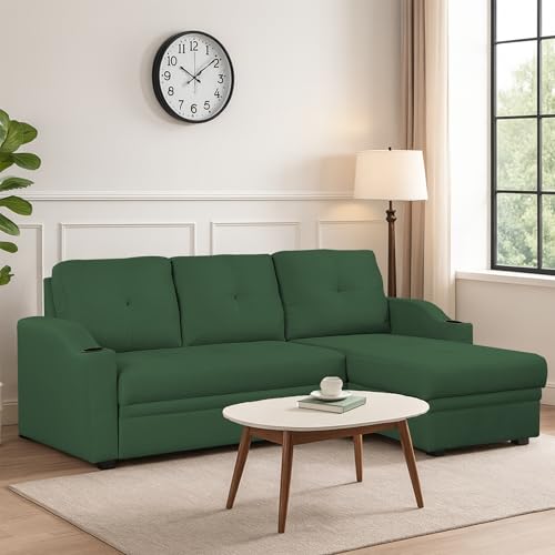 Image of Casaliving Ravonna RHS 4 Seater L Shape Corner Sofa Cum Bed for Living Room (Green Fabric) Premium Fabric Sofa