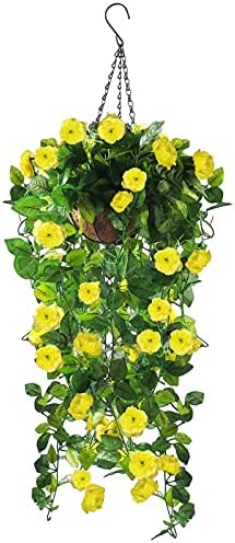 Hanging Planter with Artificial Vine Flowers, Fake Plastic Faux Flower UV Resistant Fabric Rose for Indoor Outdoor Garden Porch Eave Wedding Wall Decor