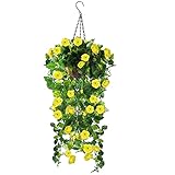 Hanging Planter with Artificial Vine Flowers, Fake Plastic Faux Flower UV Resistant Fabric Rose for