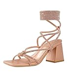 Shoe'N Tale Lace Up Heels for Women Ankle Strappy Gladiator High Heeled Sandals Chunky Block Heel Square Open Toe Criss Cross Dress Shoes(7.5,Champagne)
