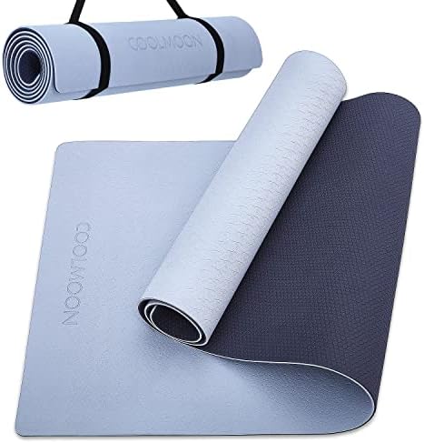 COOLMOON 1/4 Inch Extra Thick Yoga Mat Double-Sided Non Slip,Yoga Mat For Women and Men,Fitness Mats With Carrying Strap,Eco Friendly TPE Yoga Mat, Pilates And Exercises Mat (Gray)
