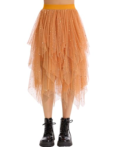 Lovasy Pailletten Rock Damen Tüllrock Schwarz Knielang High Low Layered Faltenrock Midi Rock A-Linie Unregelmäßiger Puffy Fee Tutu Röcke Orange S-M