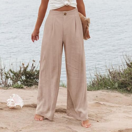 Smoneyful Womens Casual Pants High Elastic Waisted Wide Leg Linen for Palazzo Boho Flowy, Long Trousers for Work or Lounge4