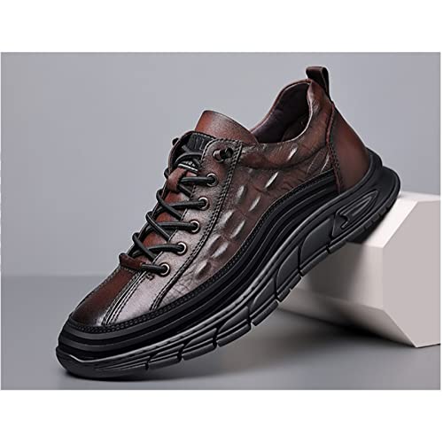 Men's Crocodile Pattern Waterproof Cowhide Shoes,Good Arch Non-Slip Casual Softsole Oxford Fashion Leather Lace-Up Sneaker (7.5,Brown,7.5) #TOP5
