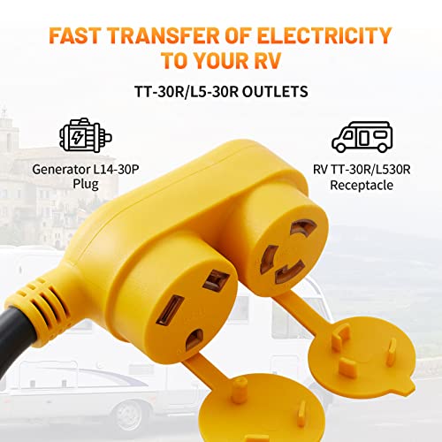 Mecmo Rv Generator Power Cord Adapter Nema L14-30P 30 Amp To Tt-30R/L5-30R + Generator Splitter 4-Prong L14-30P Male To (2) L14-30R #TOP2