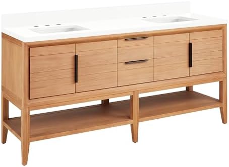 Signature Hardware 955226-72-rumb-3 Aliso 72" Console Teak Double Basin Vanity Set with Cabinet, Vanity Top, and Rectangular Undermount Sinks - 8" Faucet Holes - Natural Teak/Arctic White