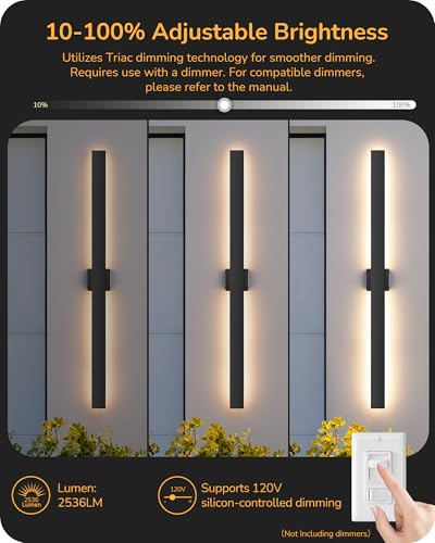 Image of EDISHINE 47.2 inch LED Outdoor Wall Light, Modern Black Linear Wall Sconce | 2 Pack, 3CCT & 10%-100% Dimmable, Back Light, IP65 Waterproof, Memory Function, Long Exterior Lighting Fixtures House, Yard
