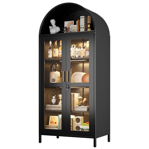 78.74" H Metal Arched Cabinet with Lock and LED Light Strip, Metal Display Cabinet with Glass Doors and Adjustable Shelves,Suitable for Dining Room, Home, Assembly Required,Black