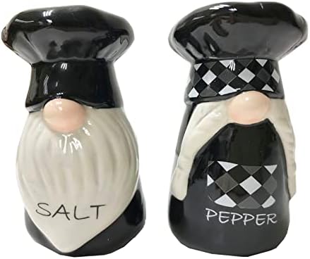 KARALIN Ceramic Salt & Pepper Shaker Sets Tabletop Accessories Cute Gnomes Chef Design Family Gifts with Gift Box ready (Black & White)