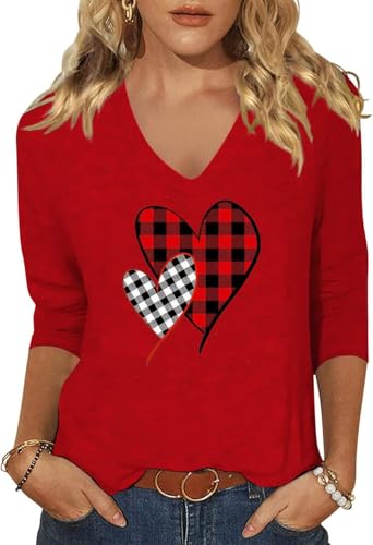 Image of Womens 3 /4 Sleeve V Neck Valentine T Shirts Love Heart Printed Graphic Tee Tops