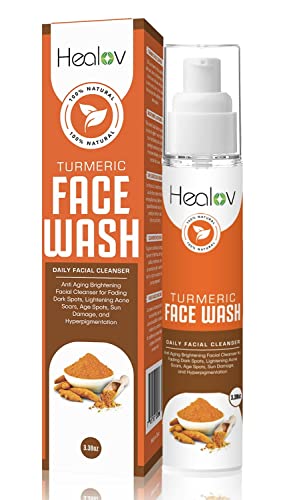 Healov Turmeric Face Wash, Clear Skin Liquid Soap â€“ 100% Natural Anti Aging Exfoliating Facial Cleanser for Fading Spots, Clearing Acne Scars, Age Spots, Sun Damage, Discoloration - Turmeric Skin Detox Treatment