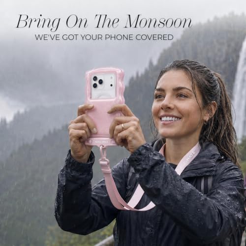 Image of Case-Mate Wavy IP68 Large Waterproof Phone Pouch - Ballet Pink Twinkle | Hidden Pocket for Card /Cash - Floating Mobile Cover w /Crossbody Lanyard - Fits All Phones - Travel Accessory for Beach & More