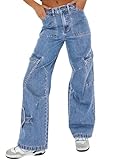 EVALESS Cargo Pants for Women 2024 Trendy High Waist Straight Leg Baggy Cargo Jeans Womens Casual Wide Leg Pants with 6 Pockets Sky Blue Size 8