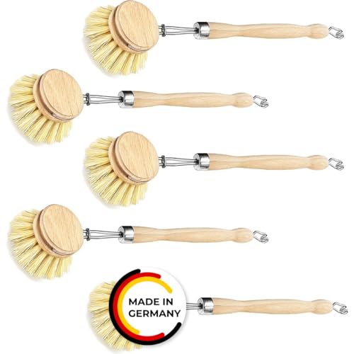 Spülbürste Holzspülbürste 5er Set. Bürstenköpfe austauschbar. Nachhaltige Bürsten aus zertifiziertem Buchenholz und Natur Fibre Pflanzenborsten. Langlebig, praktisch und CO²-neutral - Made in Germany