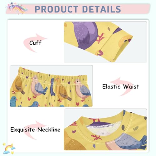 Pajama Sets Long Sleeve Colorful Birds on Yellow Soft Comfy Sleepwear 2 Piece PJS 3-8T4