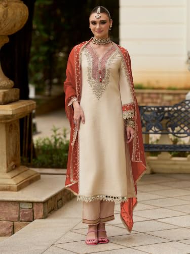 Image of INDO ERA Women's Silk Blend Embroidered Sequins Work Straight Kurta & Pant with Dupatta Set | Kurta Sets For Woman