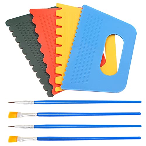4 Pcs Plastic Scraper Tools with 4 Pcs Paint Brush Paint Scraper Tools DIY Line Graffiti Tools for Toddlers Kids Paint Crafts DIY Line Graffiti