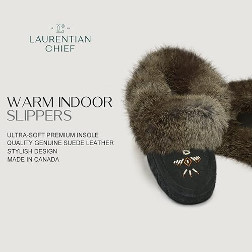 Laurentian Chief Moccasin Slippers for Women – Ladies Comfortable Slippers with Real Rabbit Fur Trim and Soft Faux Lining – Canada Quality Beaded Style Warmie Shoes for House Indoor2