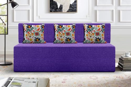 Image of Los Angeles Foldable Three Seater Sofa Cum Bed, Sofa Bed 5 X 6 Feet Jute Fabric Washable Cover- Including Cushion Perfect for Living Room - Purple