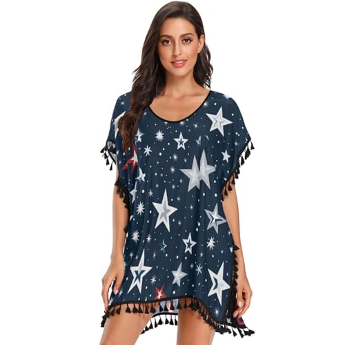 KAAVIYO Dark Blue Star Sparkle Women's Beach Cover Up Chiffon Tassel Swimwear Swimsuit Coverups for Girl